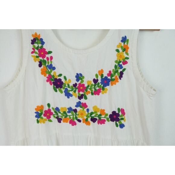 Hand Embroidered Medium Dress Midi Huipil Boho Peasant White Cotton Beach Resort - Picture 5 of 11